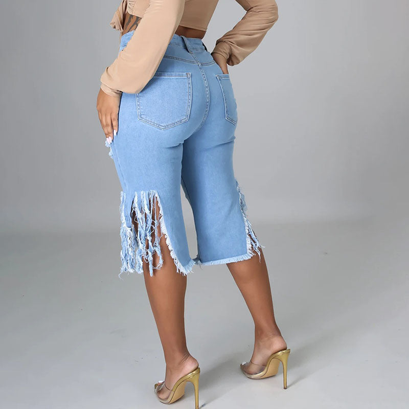 Linae™ | Capribroek van denim met hoge taille, scheuren en franjes