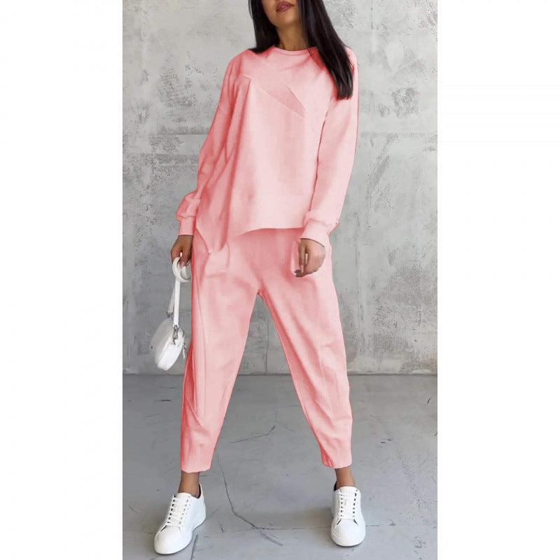 Women's long-sleeve sweatshirt with an asymmetrical hem and a matching set with pants