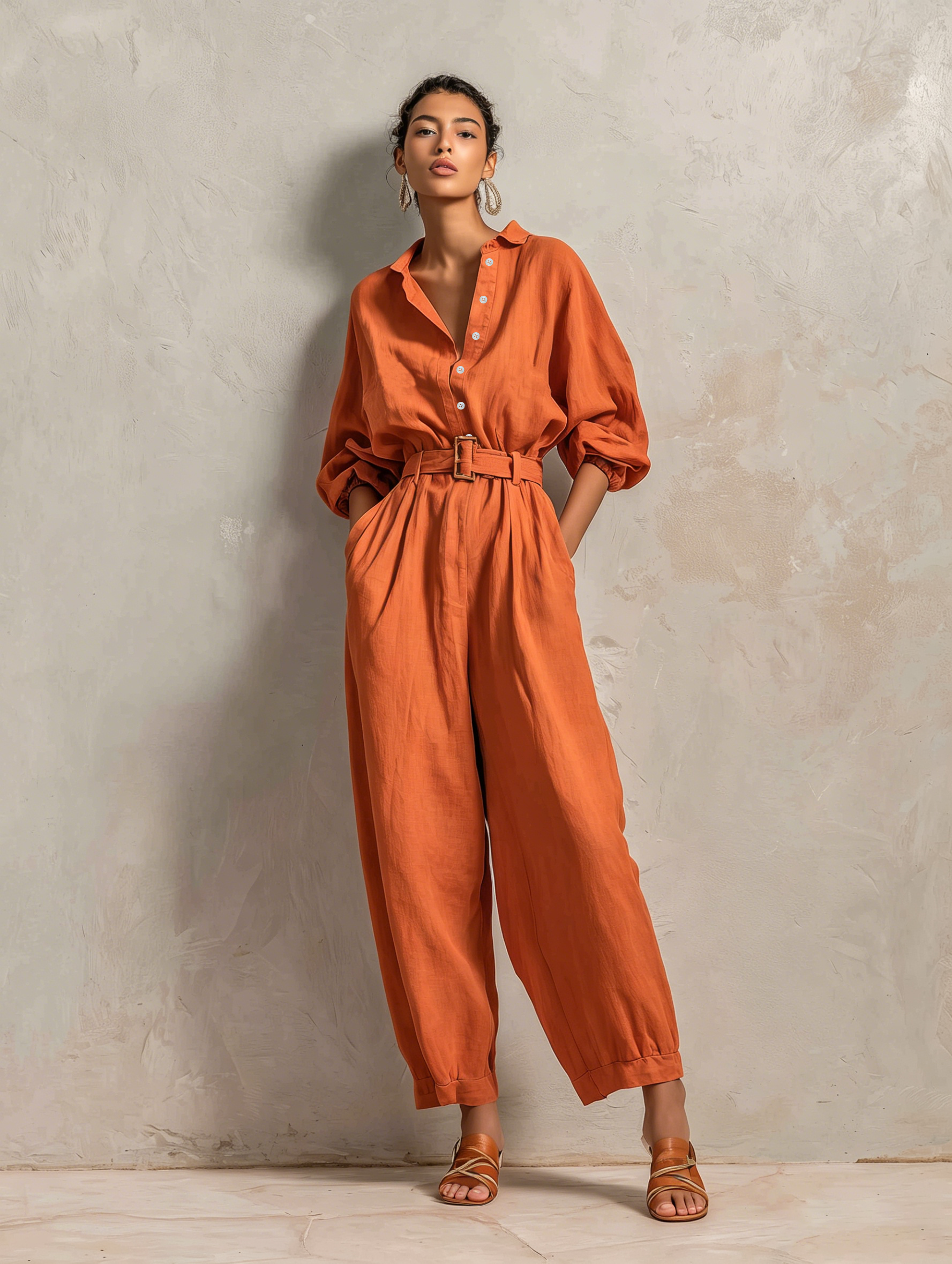 Liora™ | Minimalistische jumpsuit van katoen en linnen met riem