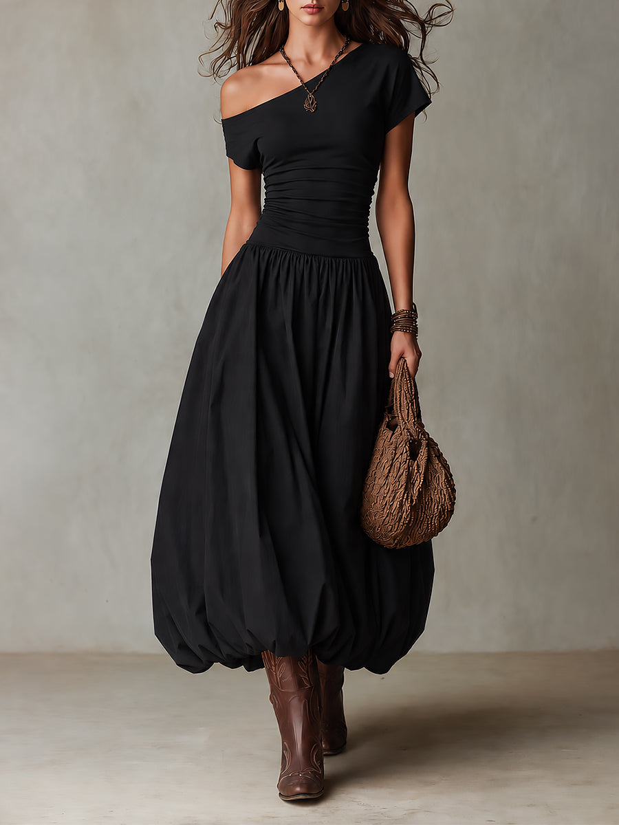 Lona™ | Maxi-jurk met één schouder en ballonzoom in vintage-stijl