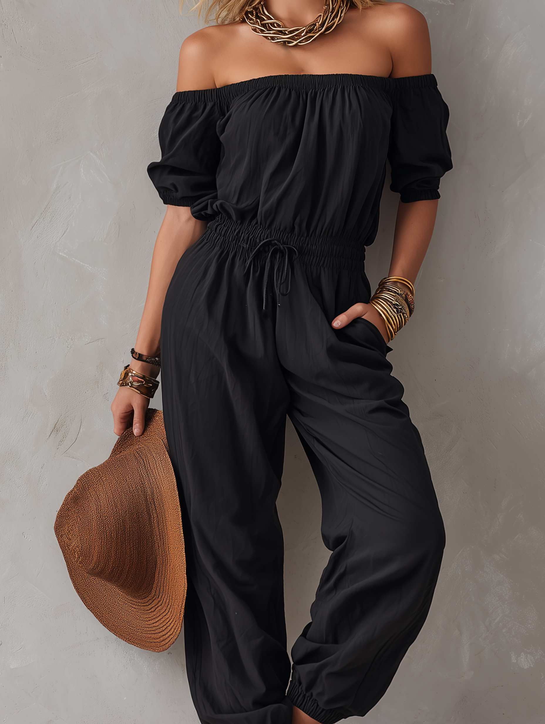 Julia™ | Casual zwarte geweven off-shoulder mouwloze jumpsuit