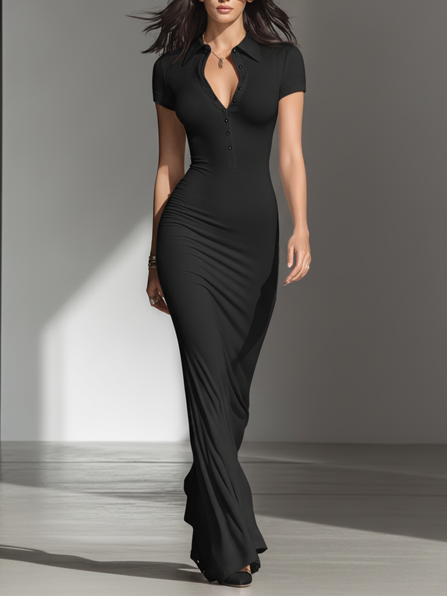 Veya™ | Moderne, minimalistische casual-formele maxi-jurk met V-hals en een nauwsluitend silhouet