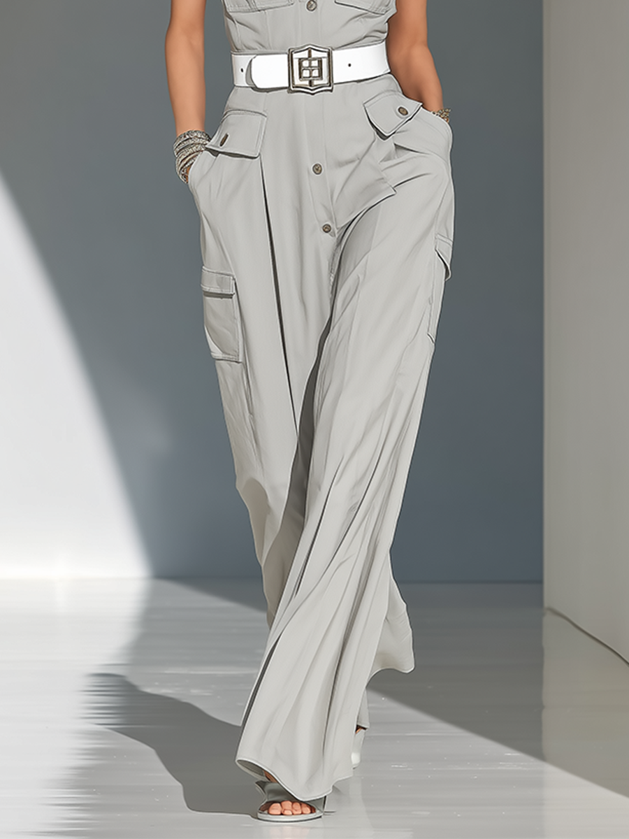 Daria™ | Lichtgrijze geweven cargo-jumpsuit met uitgesneden schouderzakken (zonder riem)