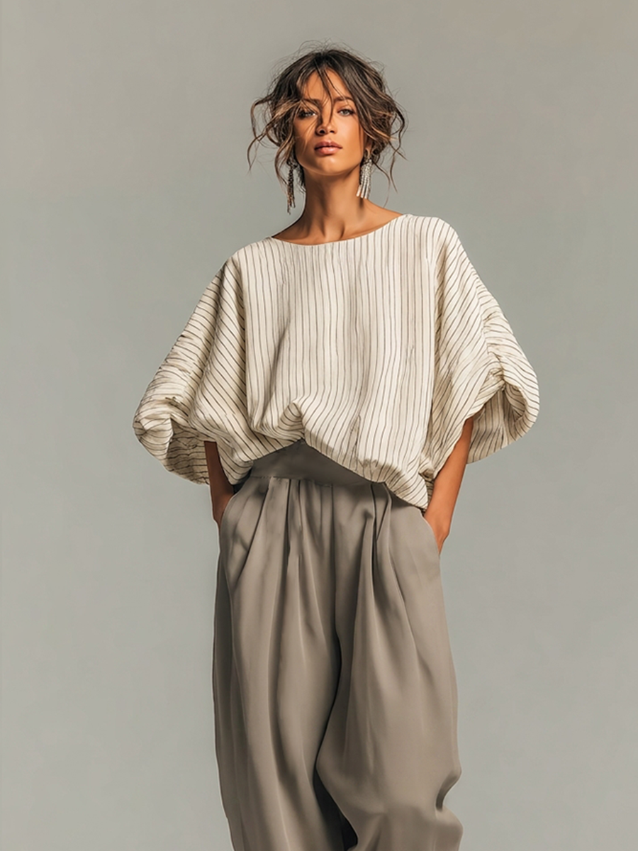 Brittany™ | Moderne, nonchalant-chique tweedelige, geweven-set met fijne streepjes en een grijze, baggy broek