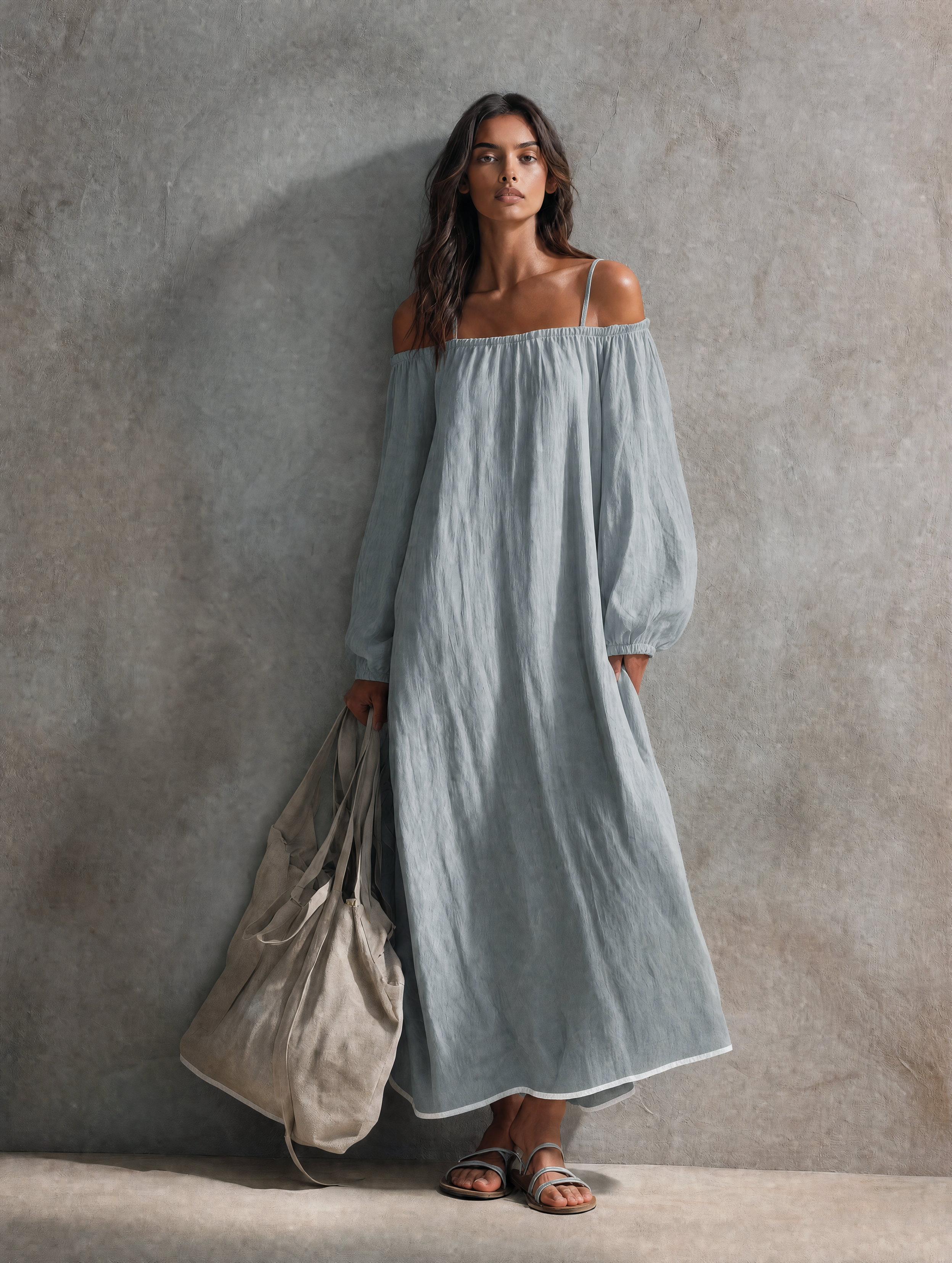 Noria™ | Casual katoen-linnen maxi-jurk met spaghettibandjes, off-shoulder-ontwerp en lange mouwen