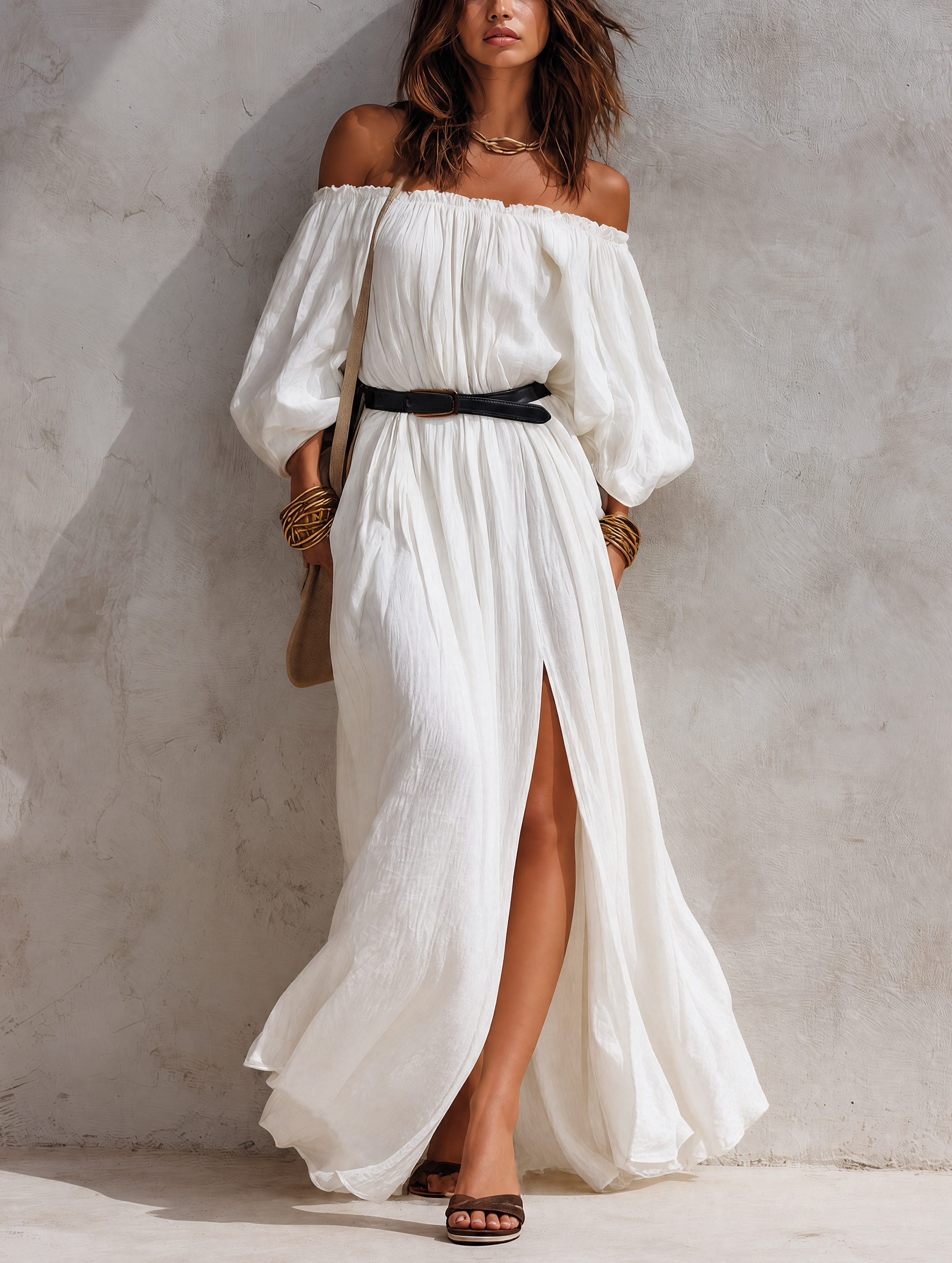 Ines™ | Casual beige geweven maxi-jurk met blote schouders en lange mouwen