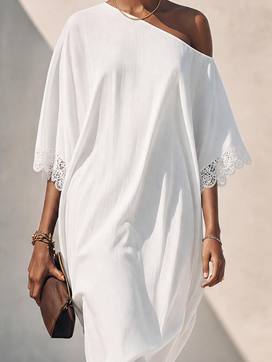 Faye™ | Asymmetrische puur wit linnen midi-jurk met blote schouders