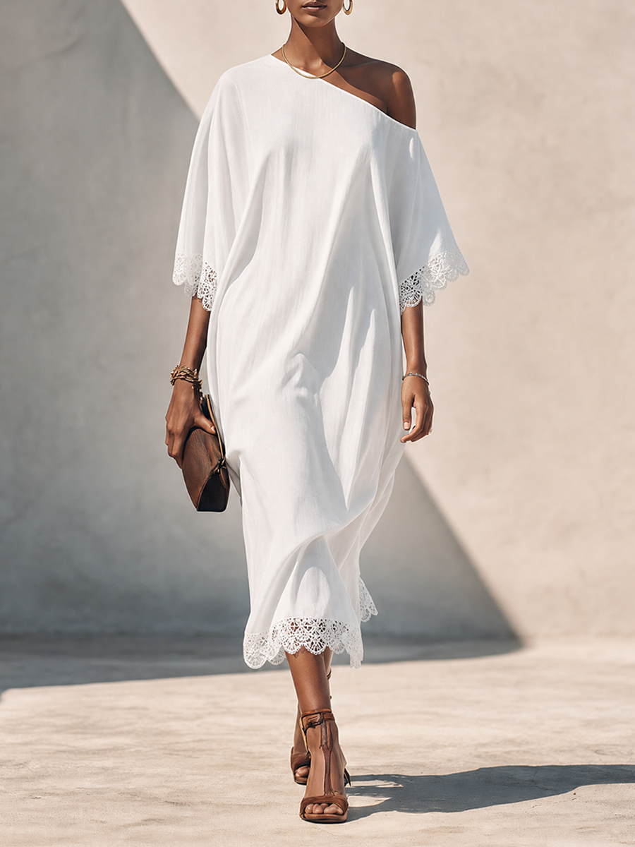 Faye™ | Asymmetrische puur wit linnen midi-jurk met blote schouders