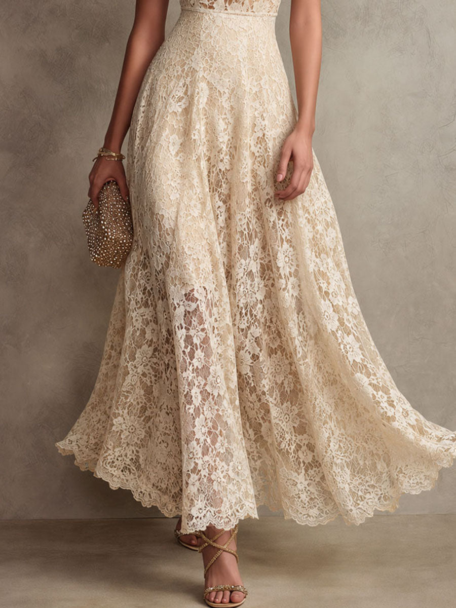 Saar | Retro-elegante ivoorkleurige kanten halter-avondjurk met lange rok