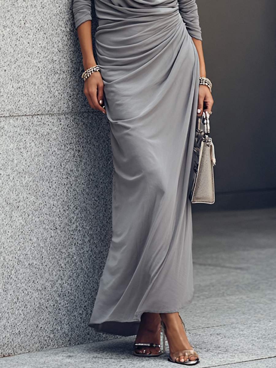 Norelle™ | Luxe maxi-jurk, katoenmix met cowl-hals, lange mouwen en ruches aan de zijkant