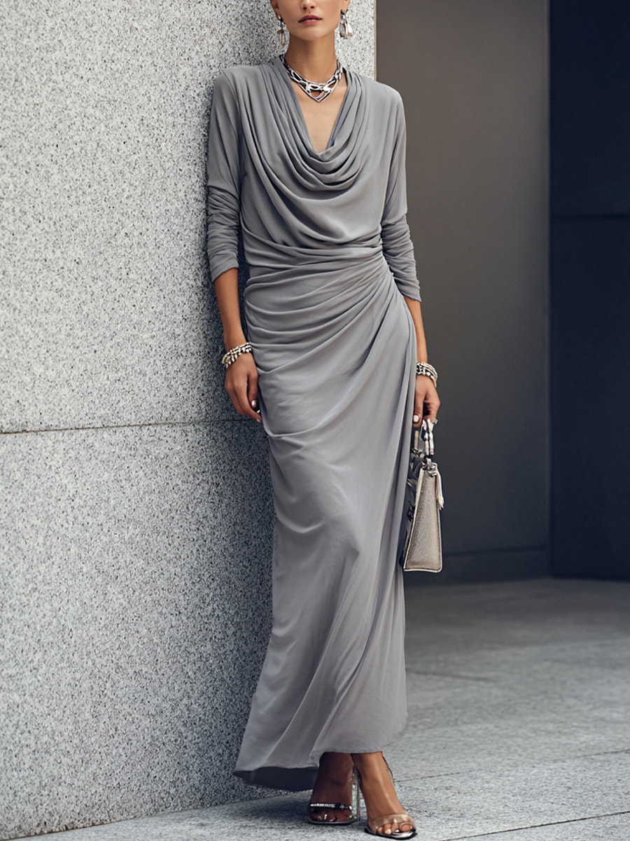 Norelle™ | Luxe maxi-jurk, katoenmix met cowl-hals, lange mouwen en ruches aan de zijkant