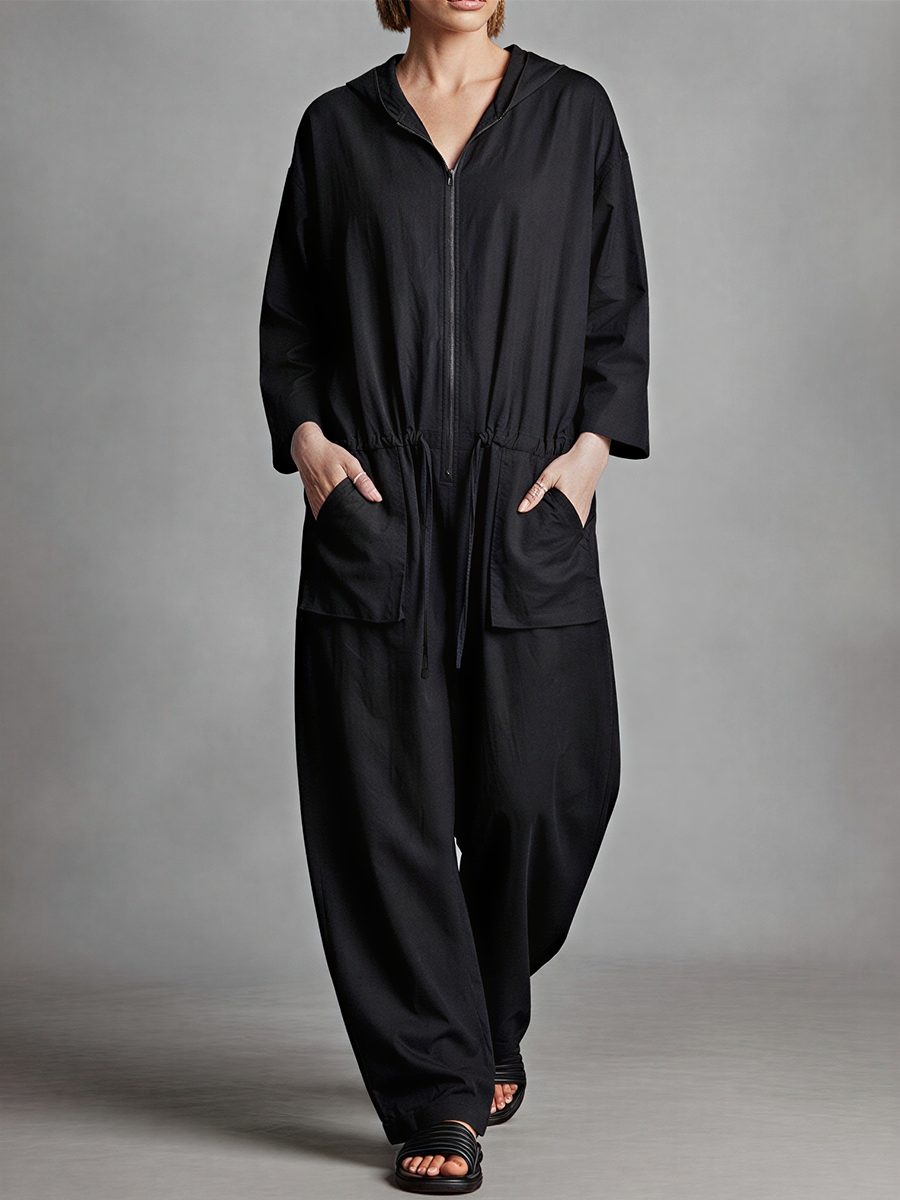 Narelle™ | Zwarte jumpsuit van linnenmix, met capuchon, doorlopende ritssluiting met wijde pijpen