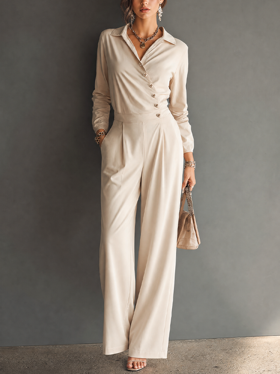Veline™ | Minimalistische jumpsuit met lange mouwen, hoge taille en wijde pijpen