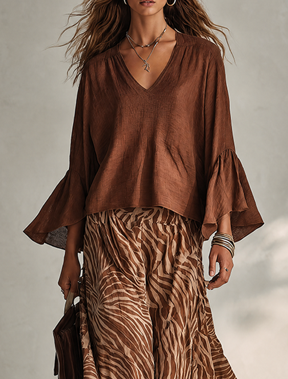 Lisa™ | Loszittende bohemien-top, van linnenmix, met V-hals en uitlopende mouwen