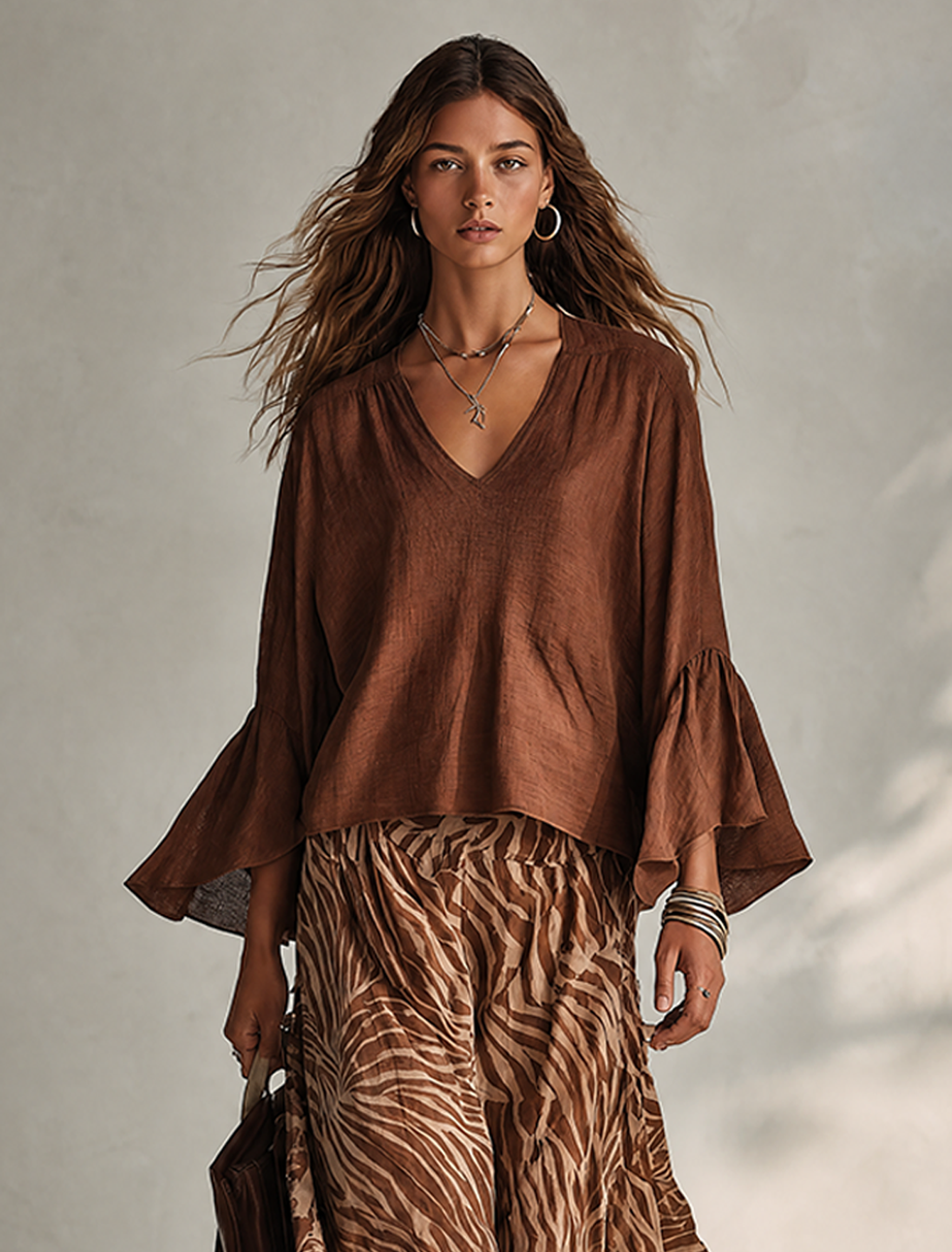 Lisa™ | Loszittende bohemien-top, van linnenmix, met V-hals en uitlopende mouwen