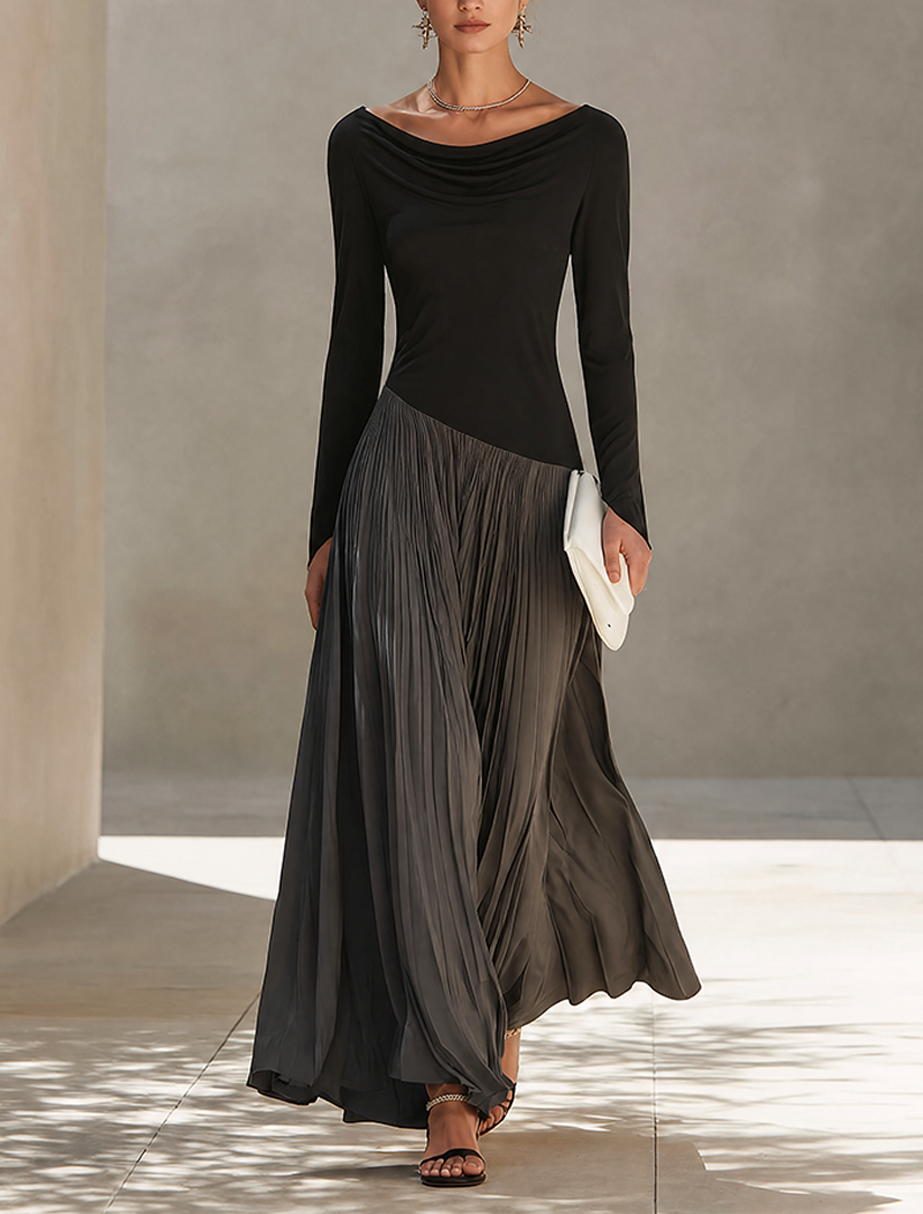 Elara™ | Minimalistische maxi-jurk met tweekleurig kleurblokdesign en gedrapeerde halslijn
