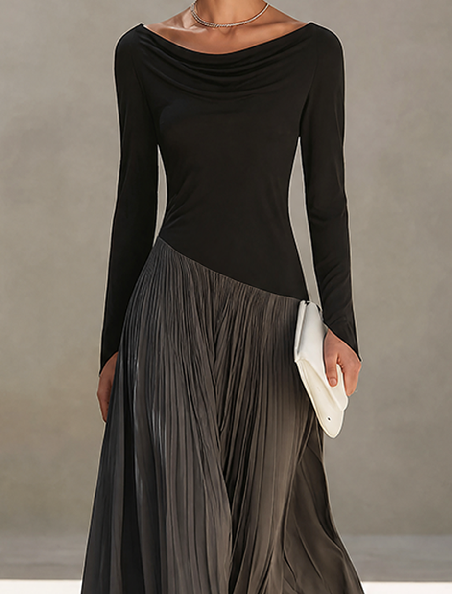Elara™ | Minimalistische maxi-jurk met tweekleurig kleurblokdesign en gedrapeerde halslijn