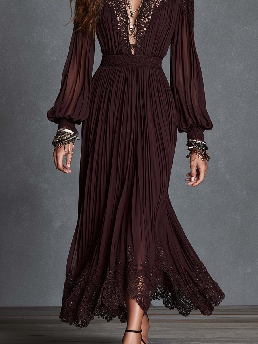 Noreva™ | Boho midi-jurk met kanten afwerking, diepe V-hals, plooien en bisschopsmouwen