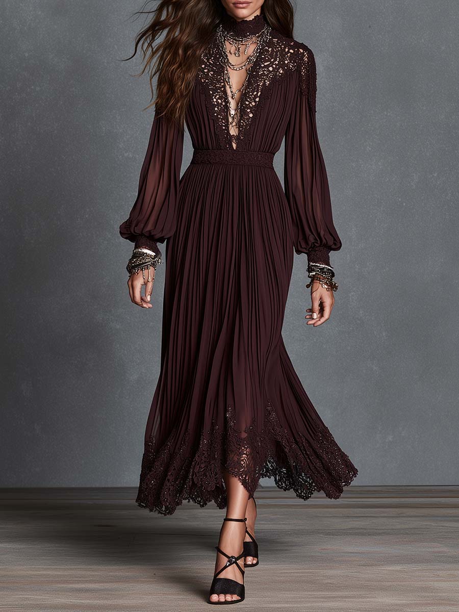 Noreva™ | Boho midi-jurk met kanten afwerking, diepe V-hals, plooien en bisschopsmouwen