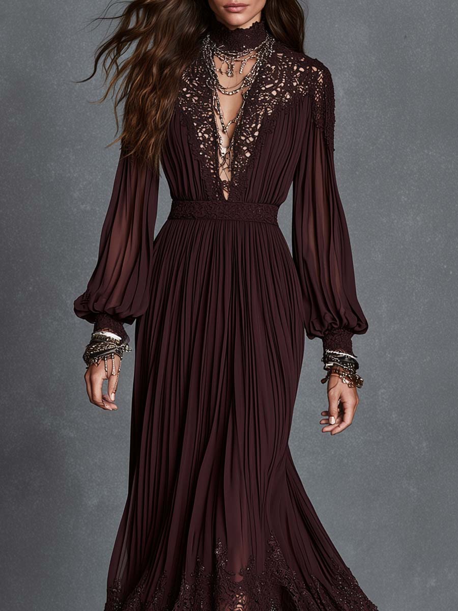 Noreva™ | Boho midi-jurk met kanten afwerking, diepe V-hals, plooien en bisschopsmouwen