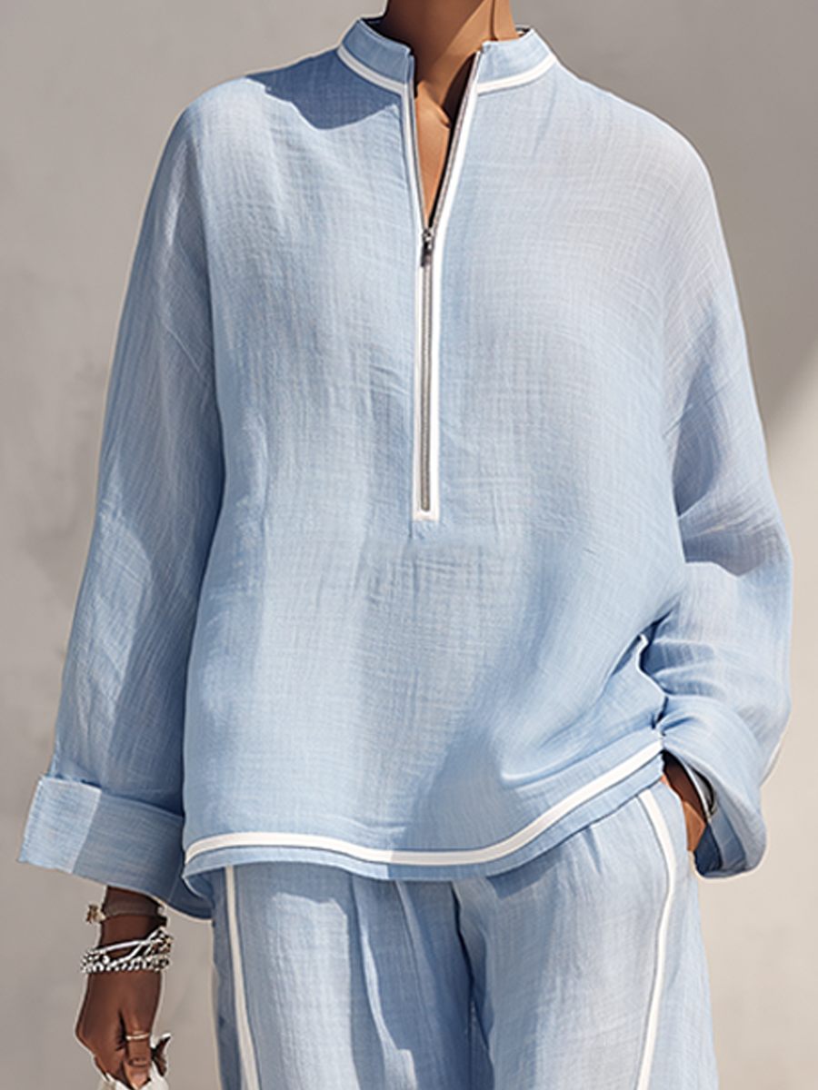 Georgina™ | Natuurlijke linnen set, oversized top met opstaande kraag en broek met wijde pijpen