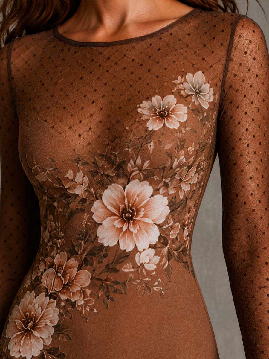 Elin™ | Midi-jurk met lange mouwen, strakke pasvorm met vintage bloemenprint