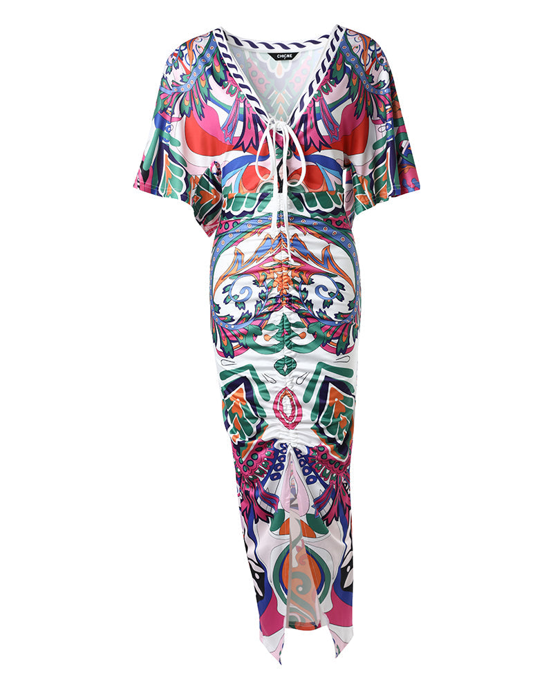 Niva™ | Sexy maxi-jurk met diepe V-hals, abstracte print, trekkoord en gerimpelde voorkant