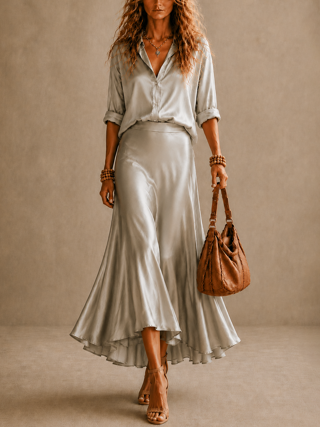 Bella | Tweedelige set, overhemd met knopen, midi-rok met hoge taille en uitlopende pijpen