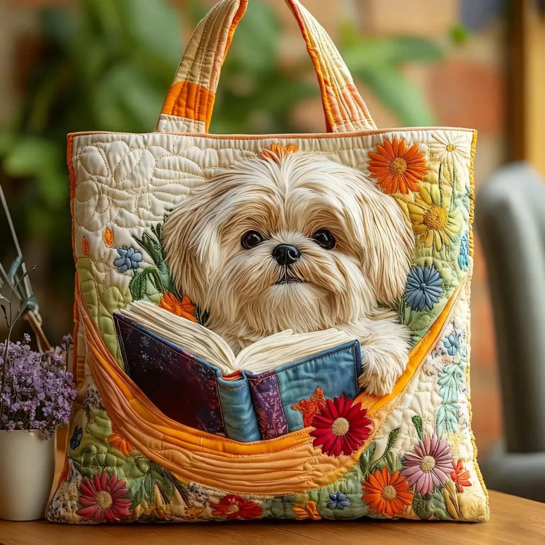 Handmade Shih Tzu bag with a book and flowers