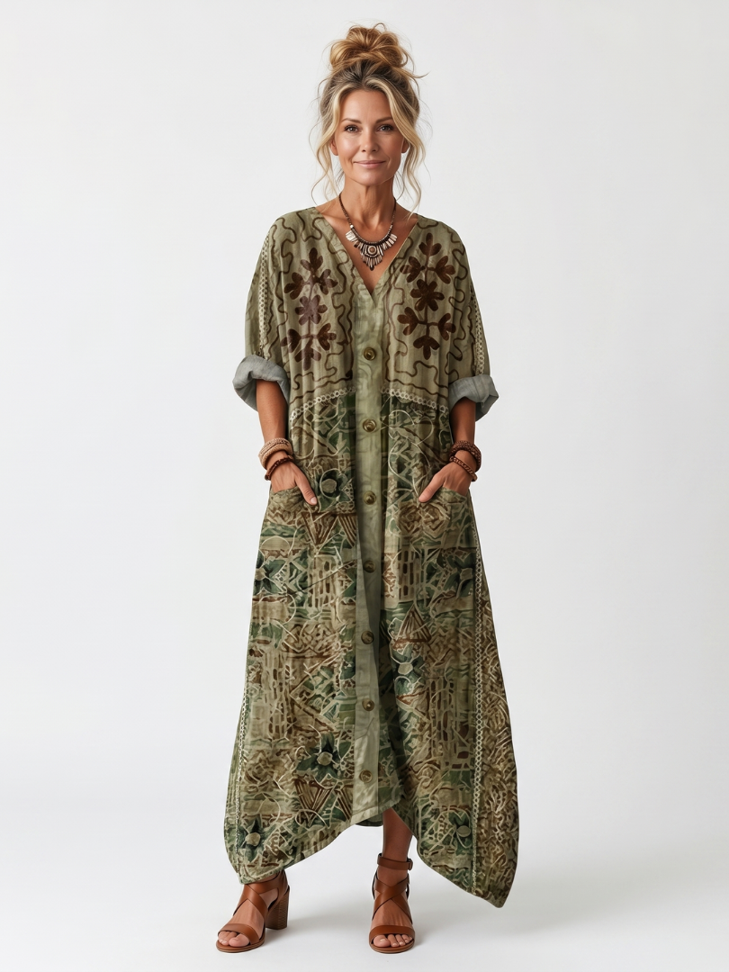 Aleta | Midi-jurk met oversized zakken en knoopsluiting aan de voorkant