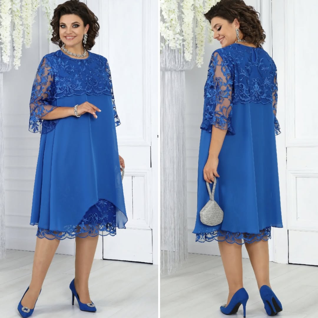 Women's dress with embroidered patchwork chiffon and a round neckline
