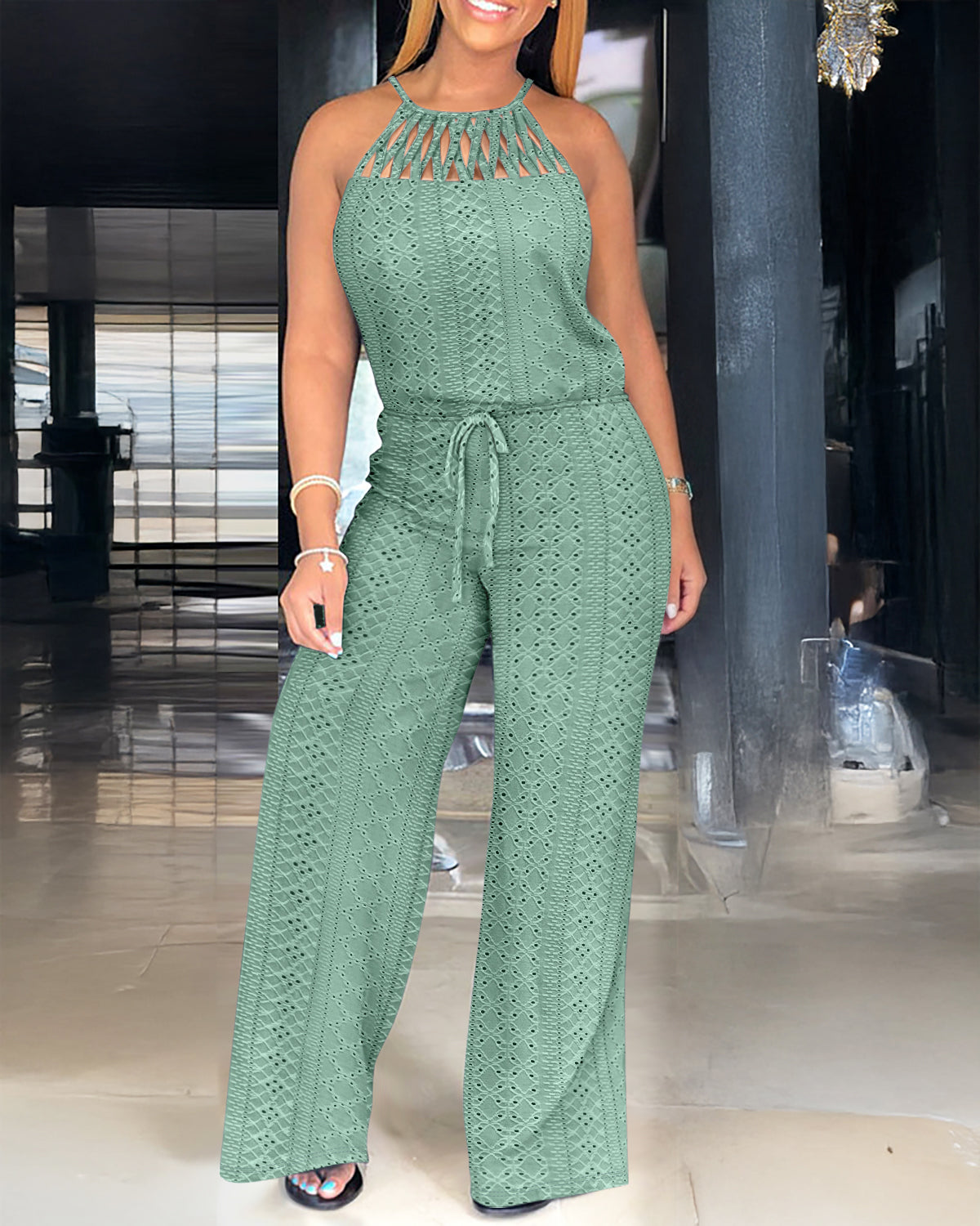 Women's Halter Tie Knit Jacquard Jumpsuit