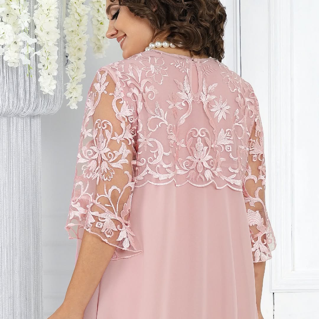 Women's dress with embroidered patchwork chiffon and a round neckline
