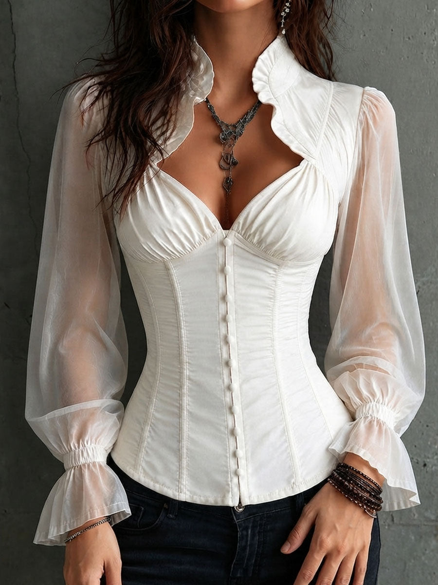 Nivra™ | Retro romantische witte blouse met doorschijnende mouwen en korsetkraag