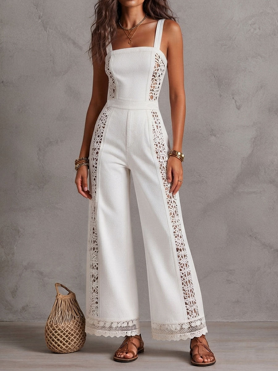Lova™ | Boho-jumpsuit van wit denim met vierkante hals, gehaakt kant en wijde pijpen