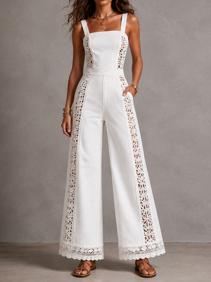 Lova™ | Boho-jumpsuit van wit denim met vierkante hals, gehaakt kant en wijde pijpen