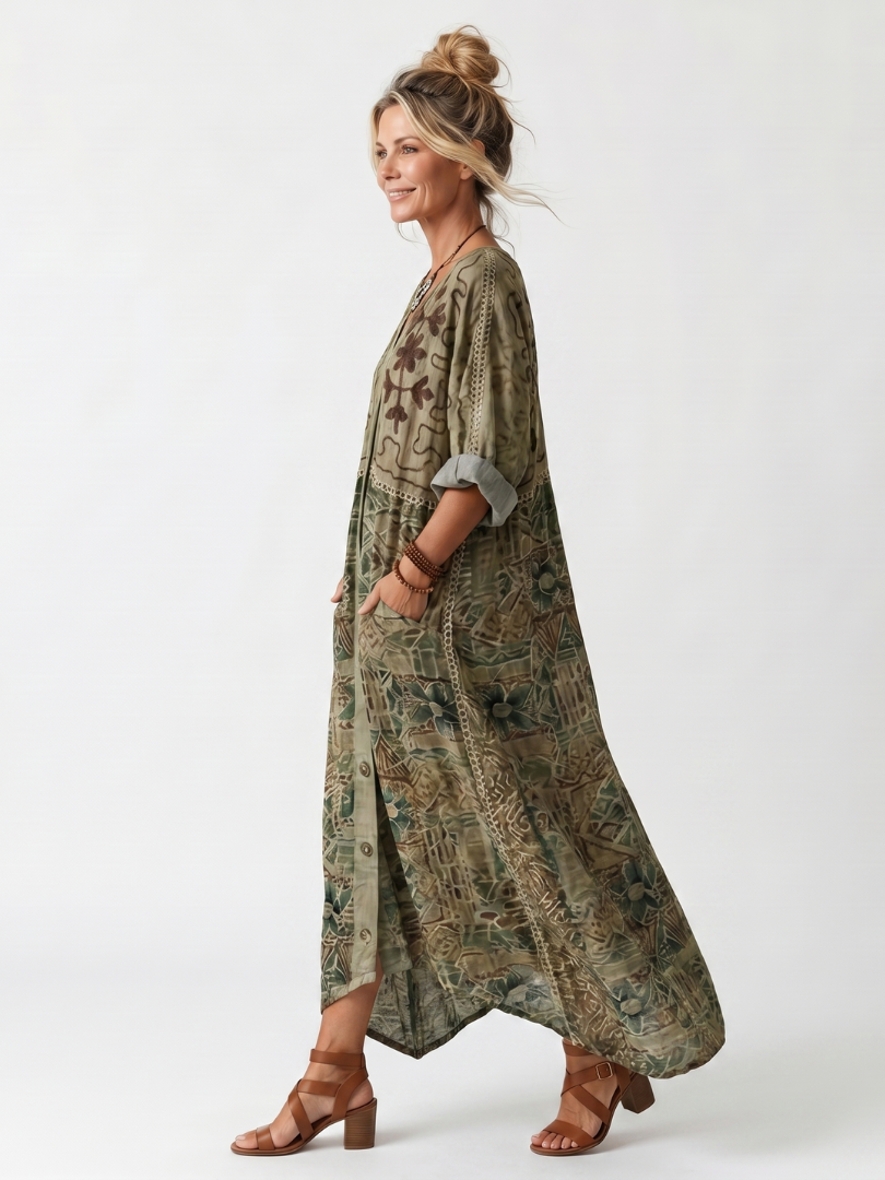 Aleta | Midi-jurk met oversized zakken en knoopsluiting aan de voorkant