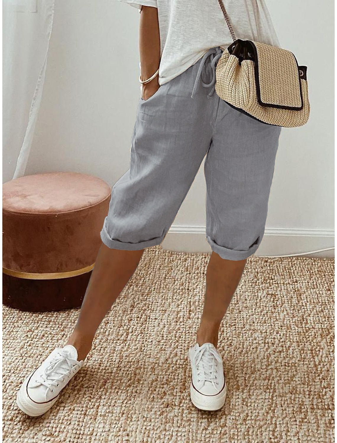Casual cotton and linen capri pants for women
