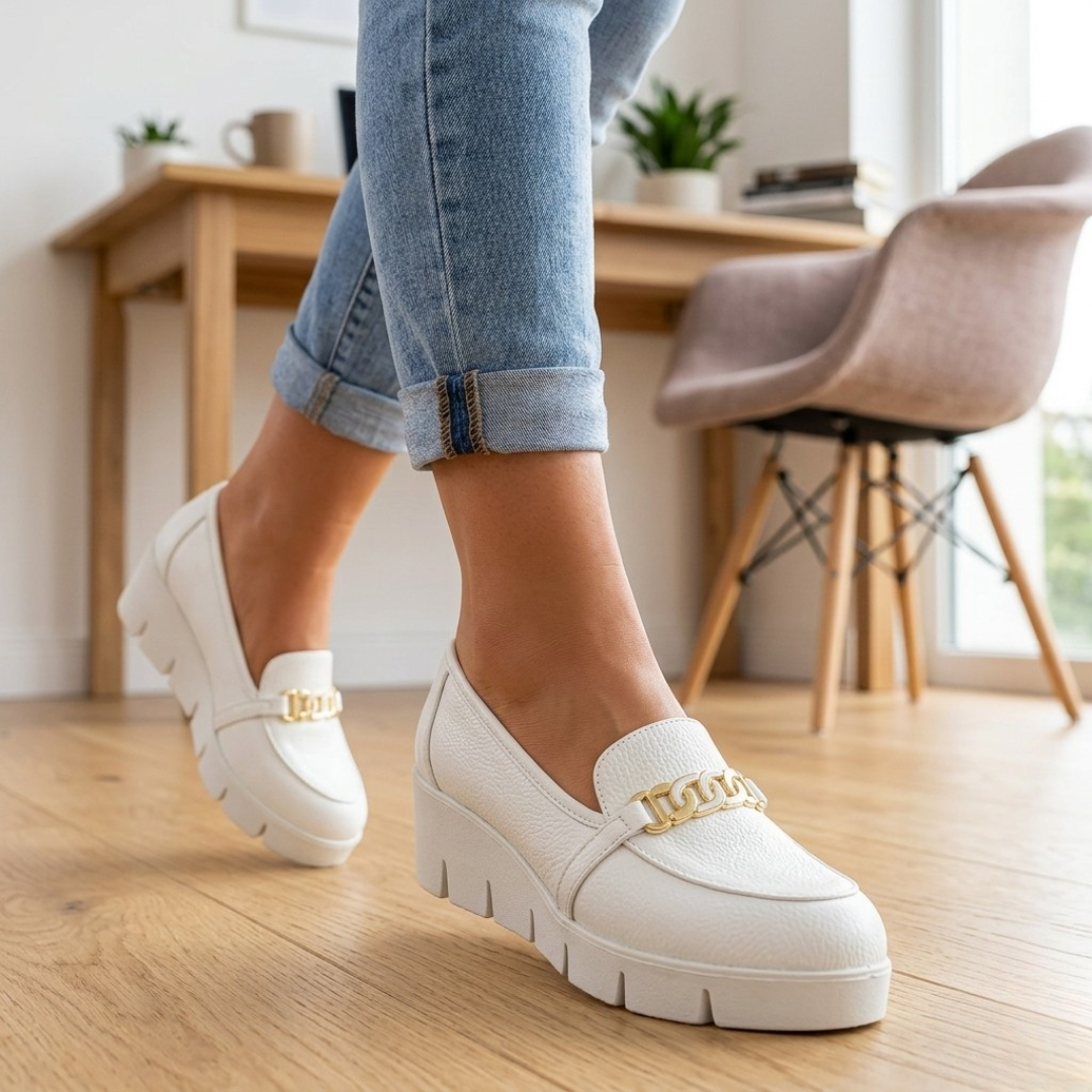 Kornelia White Wedge Moccasins with Buckle