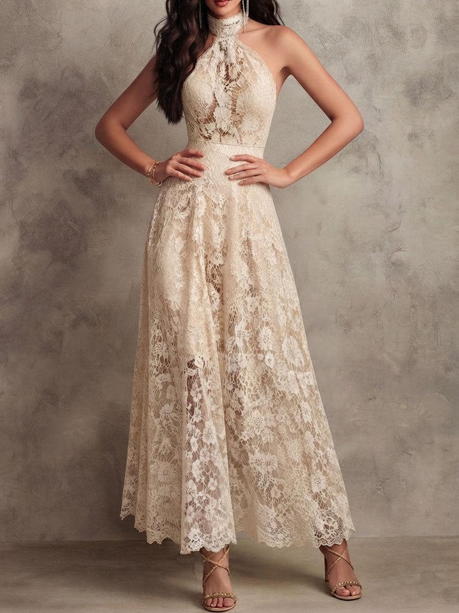Saar | Retro-elegante ivoorkleurige kanten halter-avondjurk met lange rok