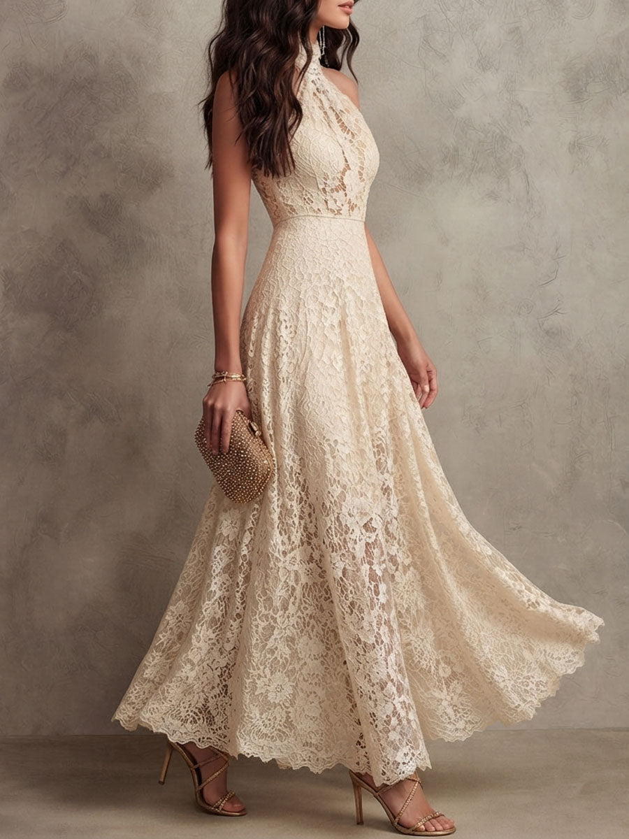 Saar | Retro-elegante ivoorkleurige kanten halter-avondjurk met lange rok