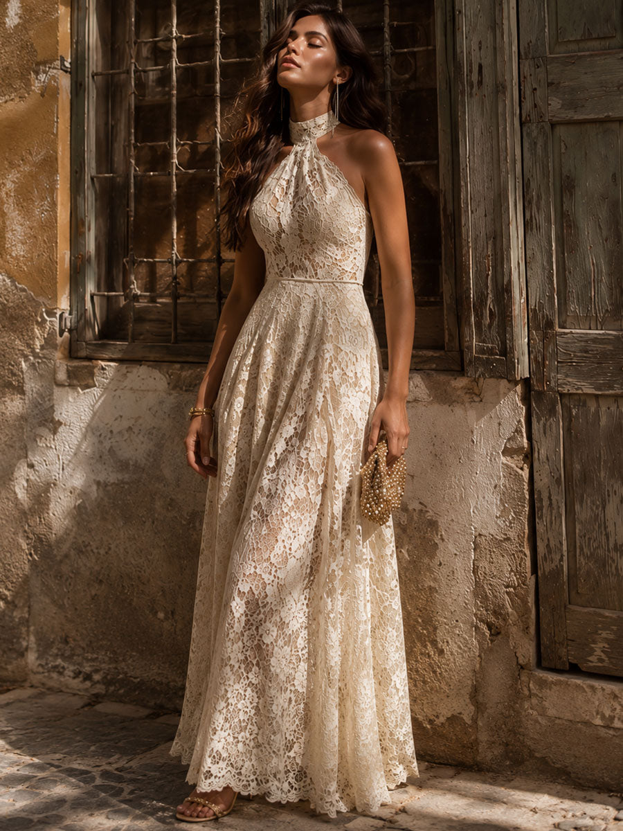 Saar | Retro-elegante ivoorkleurige kanten halter-avondjurk met lange rok