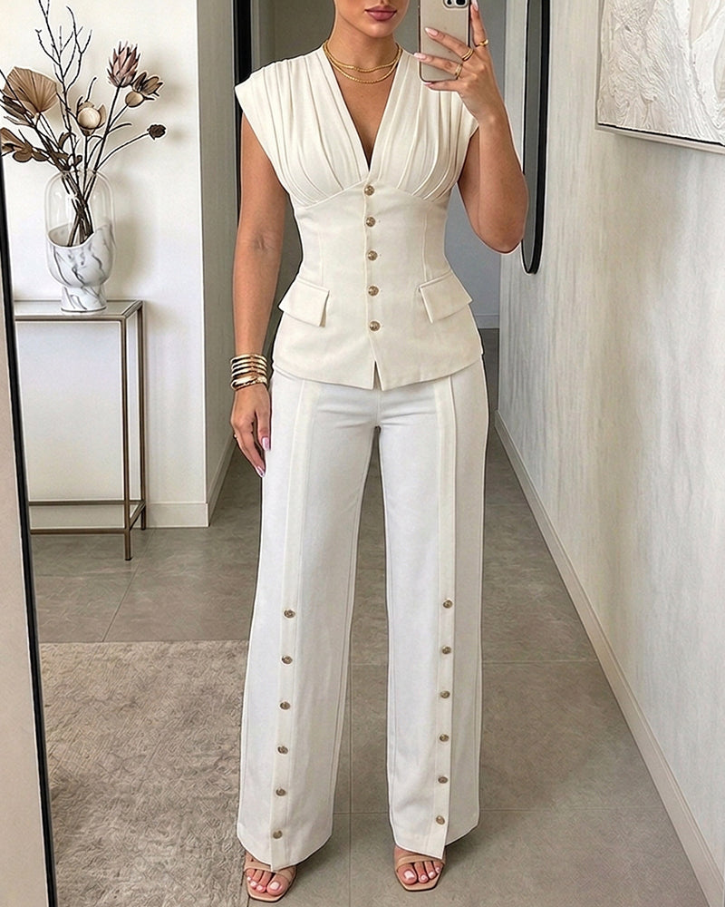 Celine™ | Elegante tweedelige set, mouwloze top met diepe V-hals, broek met wijde pijpen