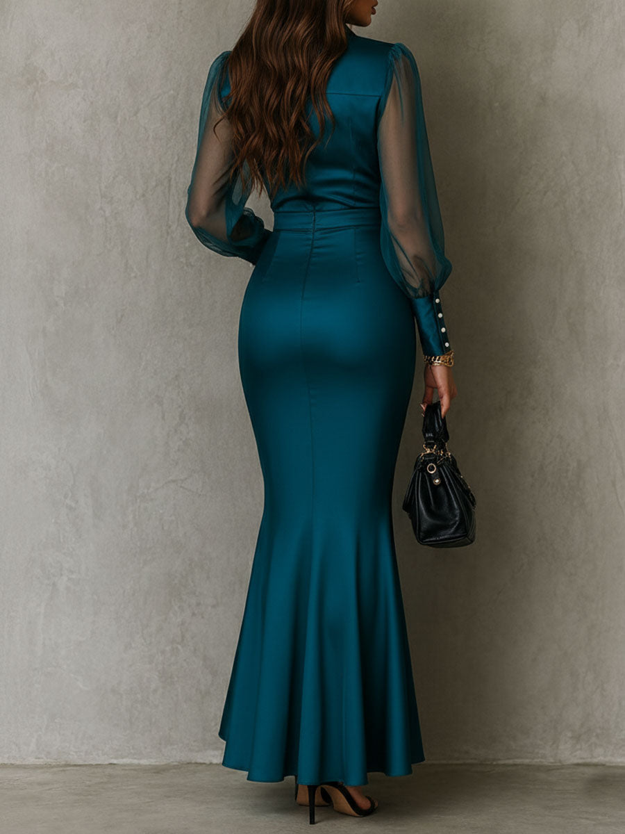 Amira™ | Retro-elegante, maxi-jurk met pofmouwen, van satijn in zeemeerminmodel