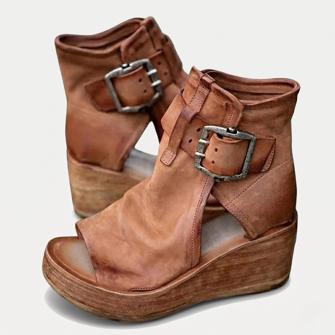 Marlyn - Women's open-toe wedge sandals with a retro-style buckle
