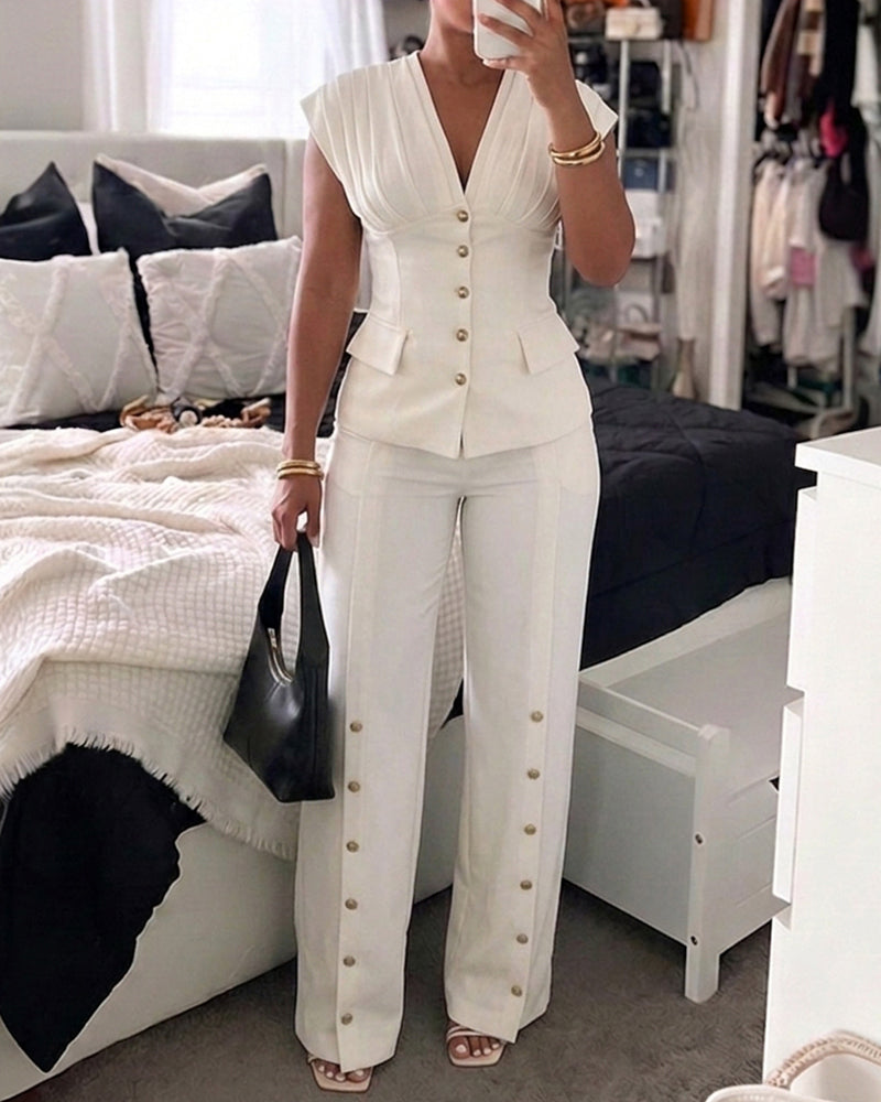 Celine™ | Elegante tweedelige set, mouwloze top met diepe V-hals, broek met wijde pijpen