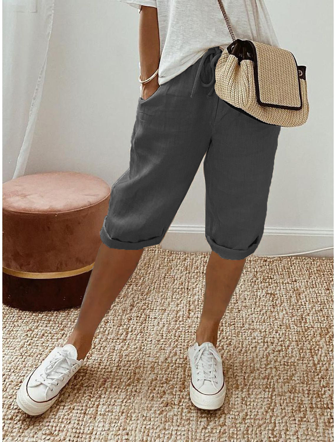Casual cotton and linen capri pants for women