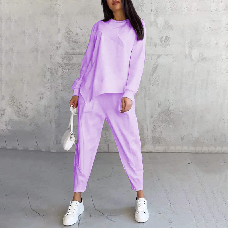 Women's long-sleeve sweatshirt with an asymmetrical hem and a matching set with pants