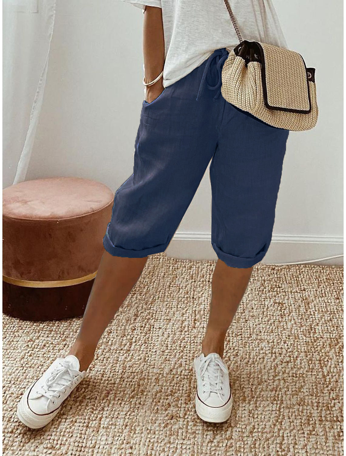 Casual cotton and linen capri pants for women