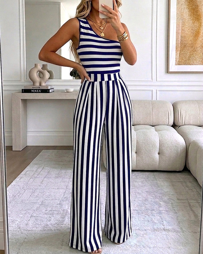 Louna™ | Gestreepte jumpsuit met één schouder, casual, hoge taille en wijde pijpen